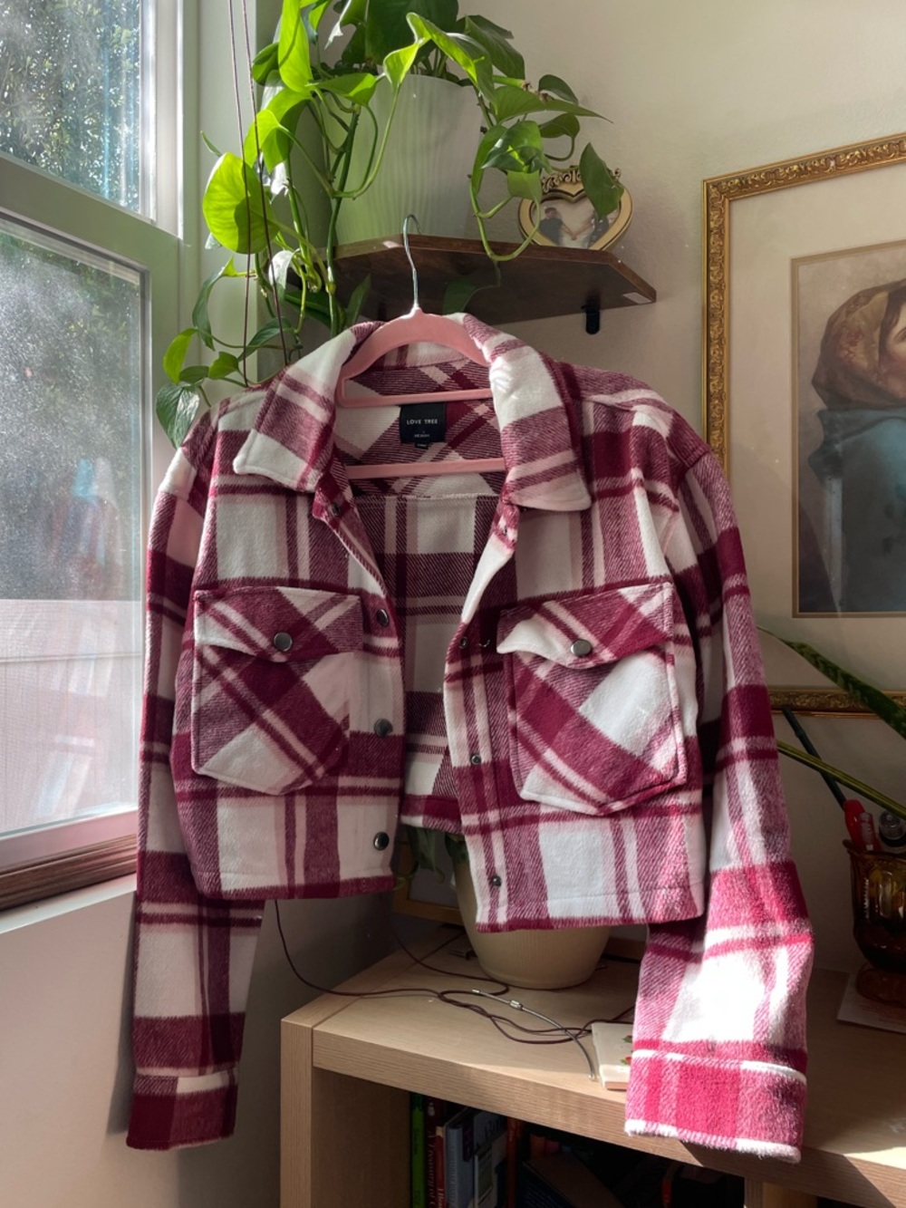 Love Tree Cropped Shacket Burgundy Plaid Jacket Cozy Fall Button Up Medium